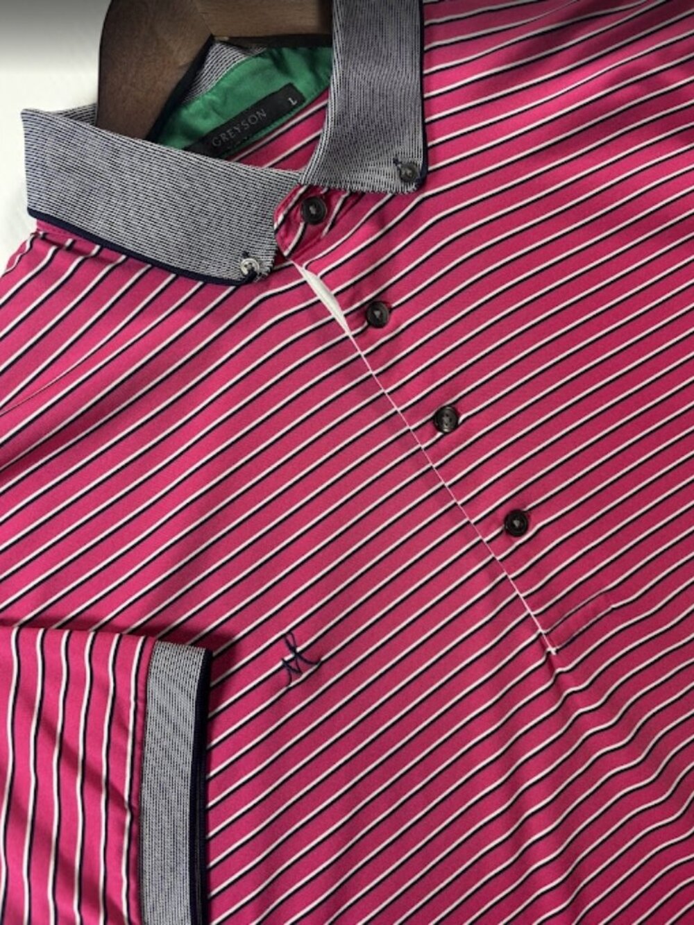 Greyson Men’s Performance Striped Knit Collar Polo Large Pink Black